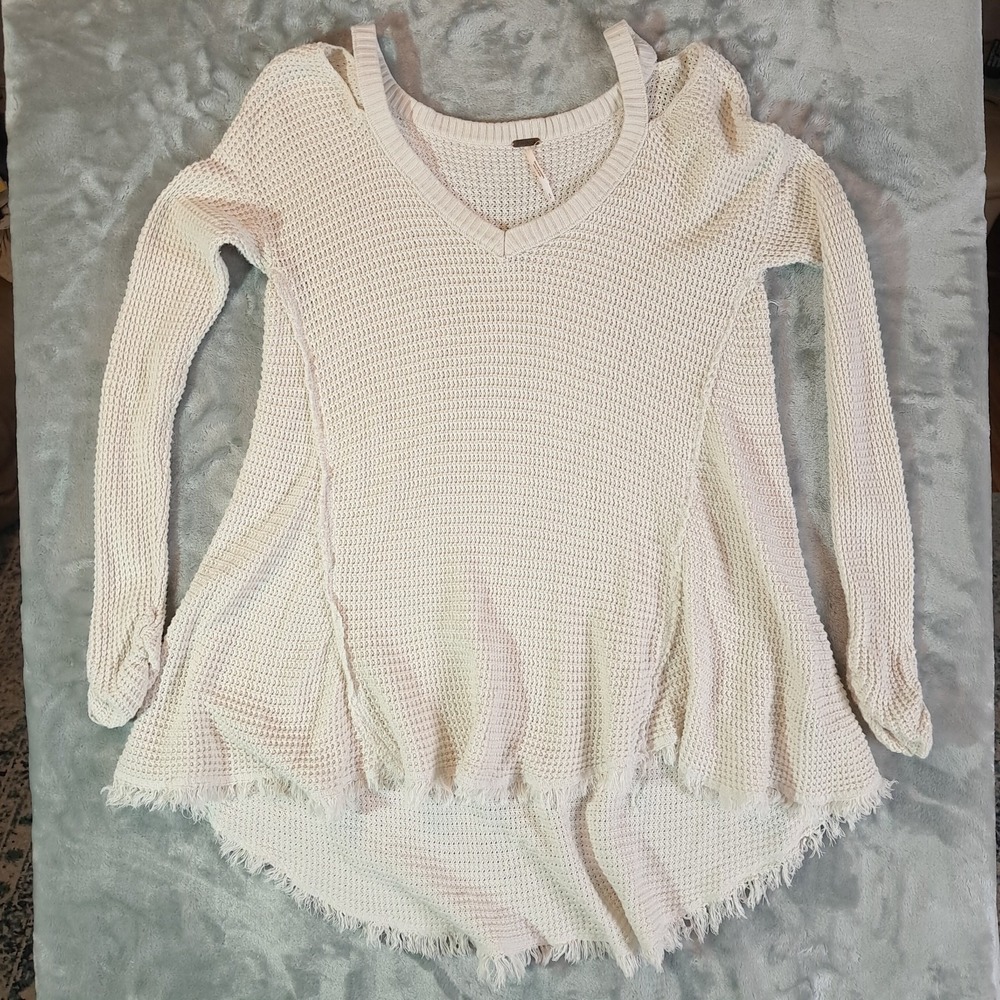 Free People Moonshine Cold Shoulder Sweater Small Cream Ivory Waffle Knit Boho